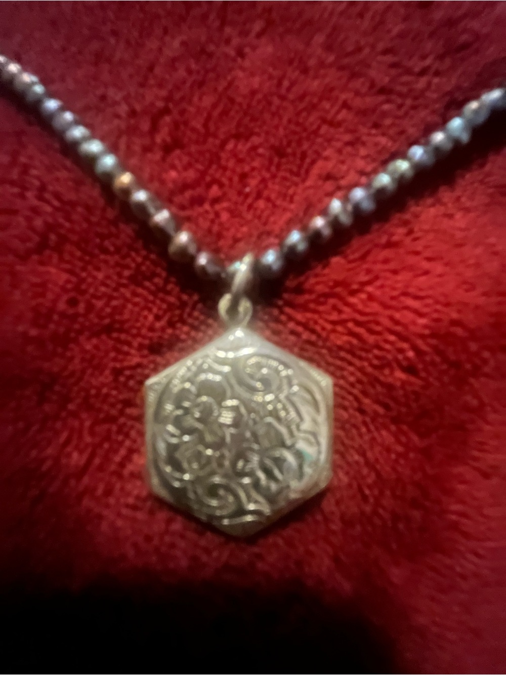Vintage Hexagon Floral Engraved Pendant Necklace in Silver Tone